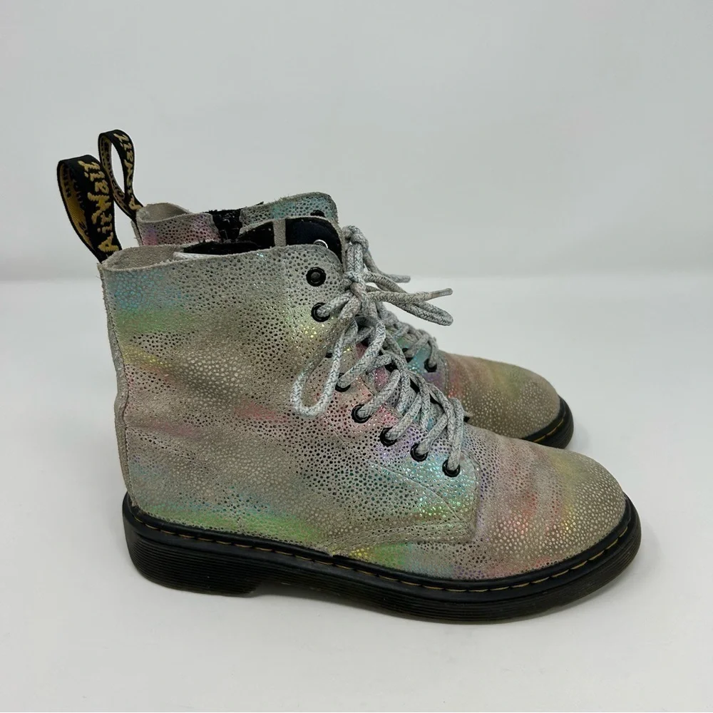 Dr. Martens Pascal White Metallic Rainbow Glitter Lace Up Kids Boots Size 3